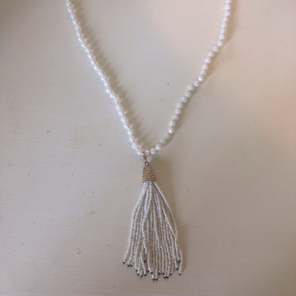 White Beaded Necklace With Tassel